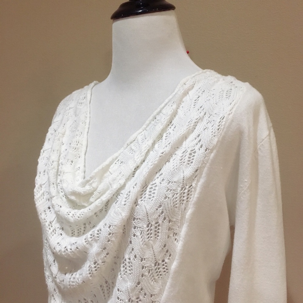 Isela White Draped Cowl Neck Mixed Knit Sweater - Picture 2 of 3